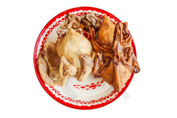 煮鸡，煮猪肉，锅鸭在食物中尊重中国上帝在孤立的背景