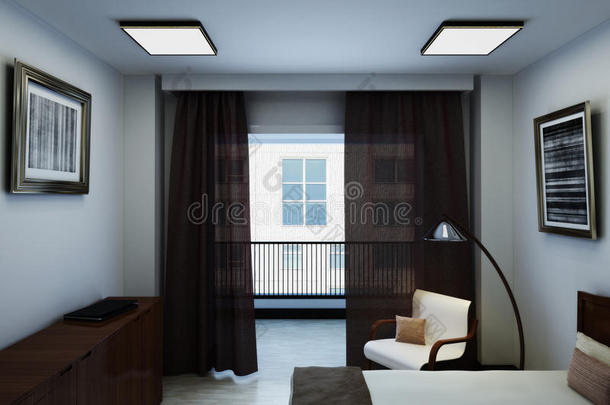 三维插图室内光线室与阳台，一个房间充满深色木制家具。