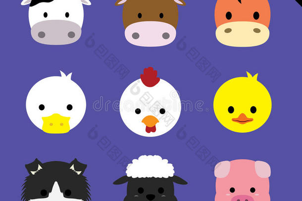 平面动物脸图标卡通矢量集1（农场动物）