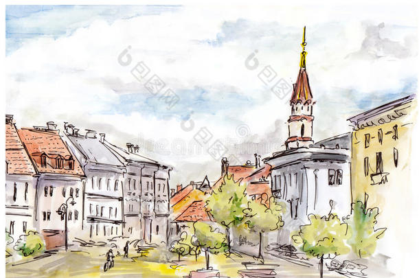维尔纽斯城市街道手绘草图。 水彩和衬里