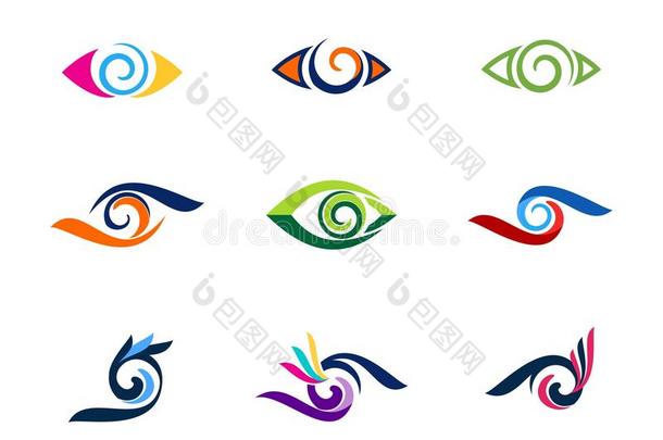 眼睛视觉标志，时尚，睫毛，收集漩涡眼睛标志，圆形光学插图符号，球体涡旋图标矢量