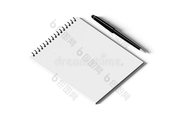 带笔的空白便签纸。 在白色的。