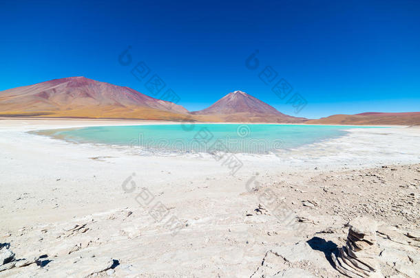 玻利维亚安第斯山脉上的绿色泻湖和地衣火山