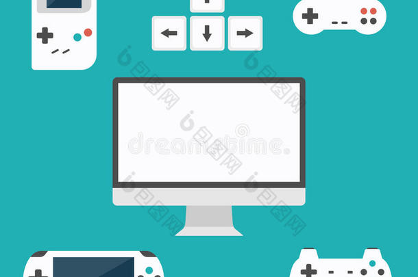 平面设计电脑游戏概念。 游戏开发。 各种设备。 设计元素。