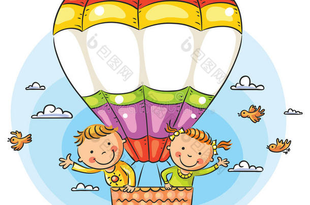 <strong>卡通儿童</strong>乘飞机旅行，复制空间穿过气球