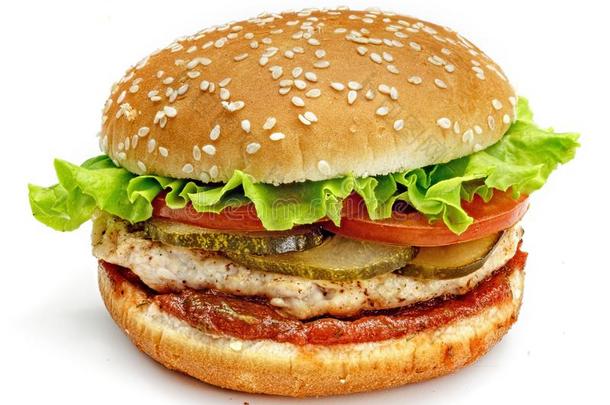 汉堡包，三明治，奶酪汉堡，西红柿，绿色沙拉，肉饼和白底芝麻面包