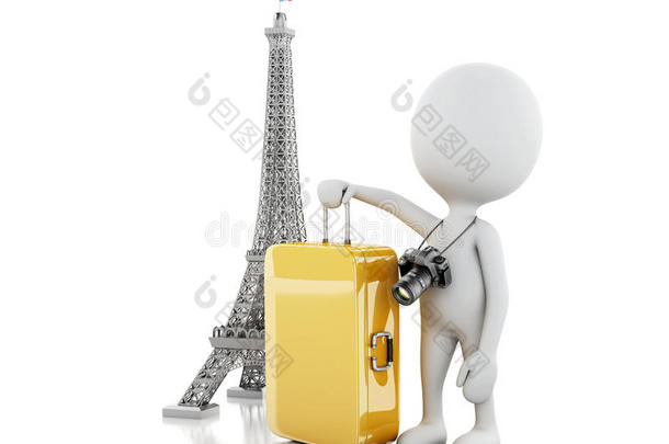 三维白人和埃菲尔铁塔，旅行巴黎概念。