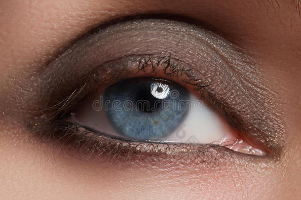 蓝色女人眼睛的特写与美丽的烟雾化妆。 化妆品和化妆品
