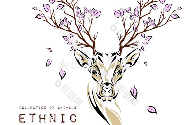 带有种族色彩的鹿头，角上有树枝。 图腾/纹身设计。 用于印刷，海报，t恤。 矢量插画