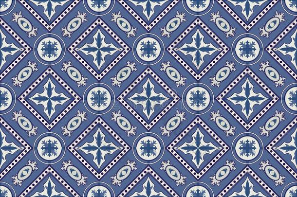 华丽的无缝拼凑图案，从深蓝色和白色摩洛哥，葡萄牙瓷砖，杜鹃花，装饰品。 王牌纹理。