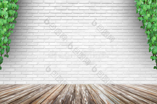 砖墙背景与木地板和爬行植物