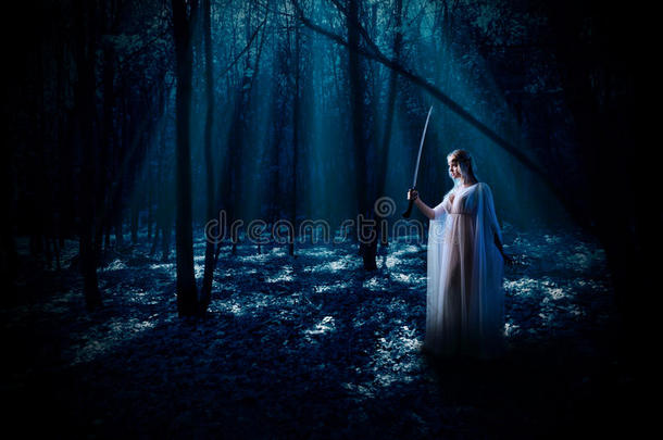 夜晚森林里带着剑的精灵女孩