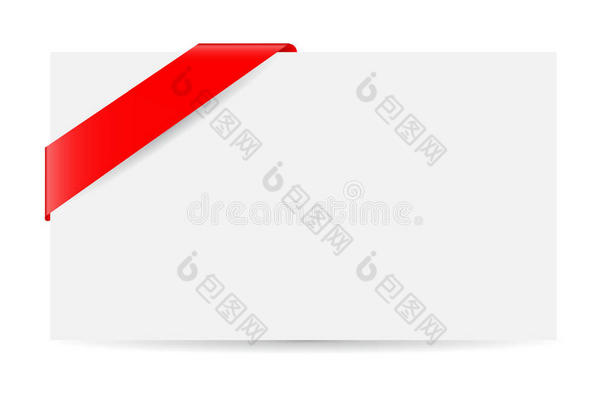 空白贺卡和红色丝带，隔离在白色上