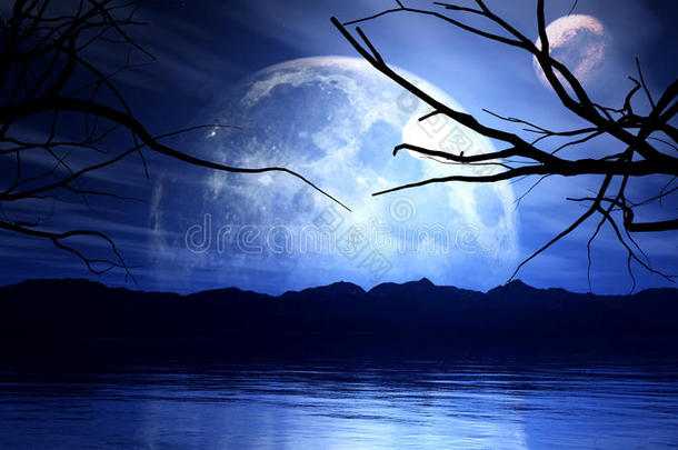 三维萦绕的背景与月亮，行星和树木的轮廓