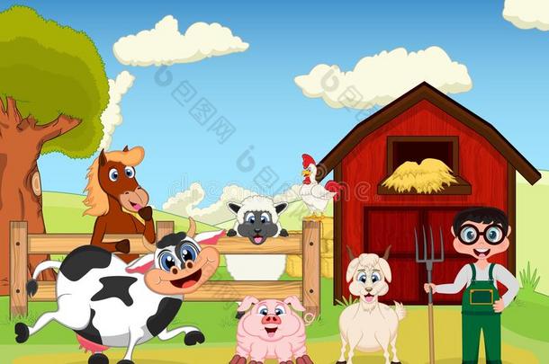 农场漫画上的农民、山羊、猪、马、山羊、羊、鸡和牛