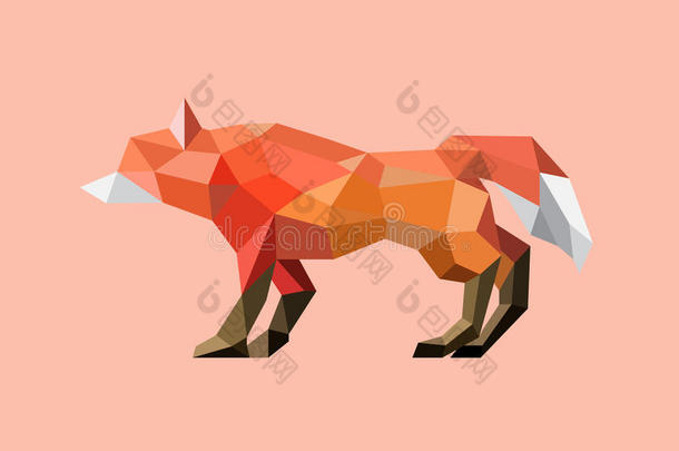 动物。 橙色背景上的几何橙色多边形狐狸