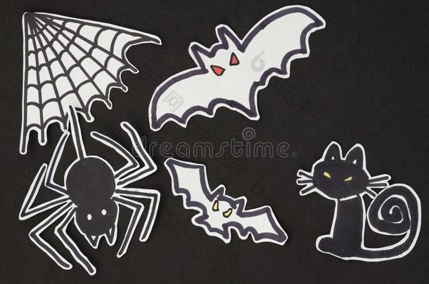 万圣节装饰猫，蜘蛛，蝙蝠和蜘蛛网