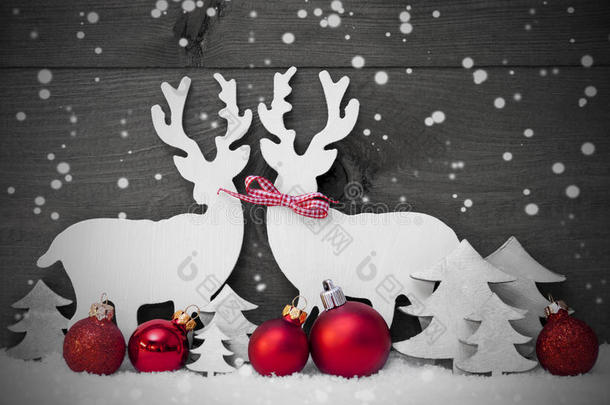 灰色圣诞装饰，驯鹿夫妇，雪花，<strong>红球</strong>