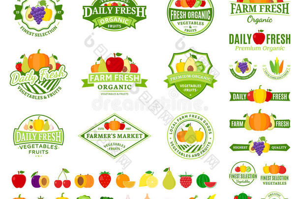 水果和蔬菜标志，标签，水果和蔬菜图标