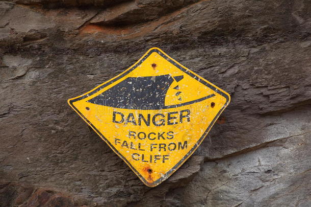 在悬崖上坠落岩石的损坏警告标志