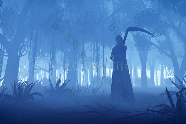 在雾蒙蒙的夜晚森林里，可怕的死神