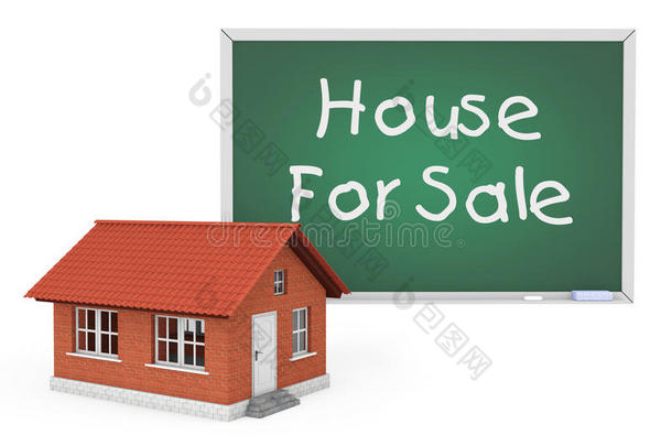 三维房子与房子出售标志黑板