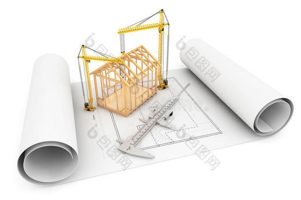 框架房屋与卡尺和吊装起重机超过建筑师*