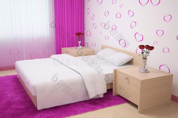 卧室内部用浅色与轻木家具，粉红色地毯和窗帘和壁纸与心。