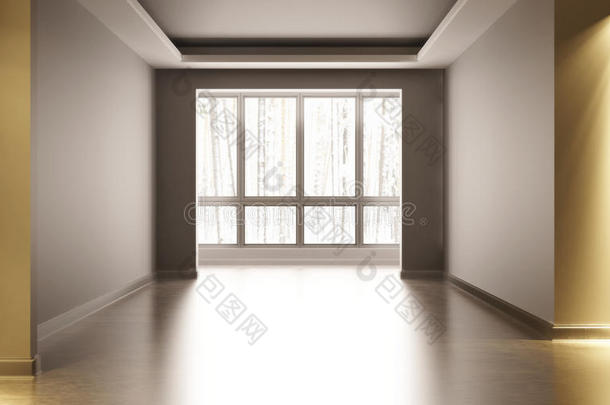 空白色房间，室内装饰。 在房间里，窗外有人造光，冬天的木头。