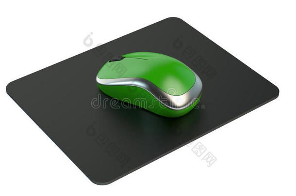鼠标垫上的绿色无线计算机鼠标