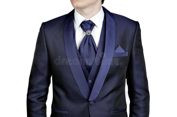 深蓝色男士套装，婚礼或晚上，马甲，衬衫，格子