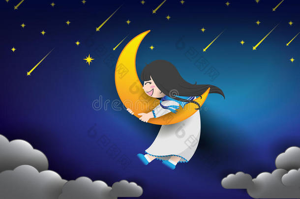 可爱的女孩在夜空中拥抱月亮。