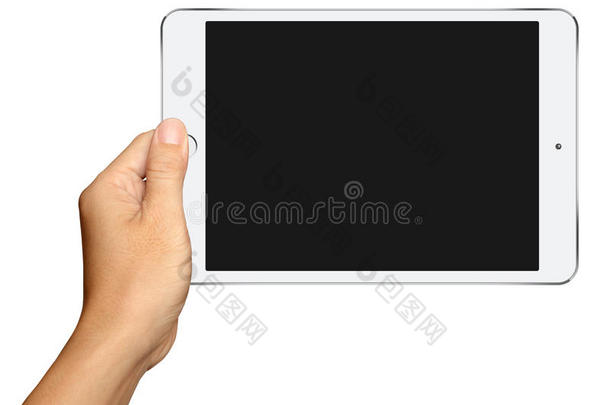 手握小白平板电脑在白色
