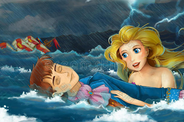 卡通冒险场景-海上风暴-美人鱼营救某人的场景