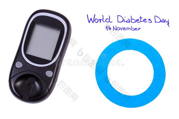 白色背景上的蓝色圆圈和血糖仪，<strong>世界糖尿病日</strong>的象征