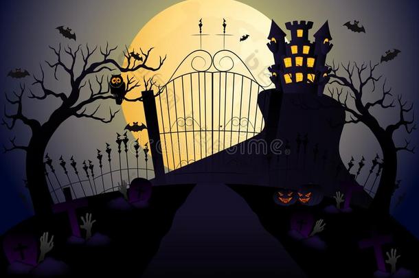 城堡和满月矢量插图与南瓜，蝙蝠，城堡，树木和墓地
