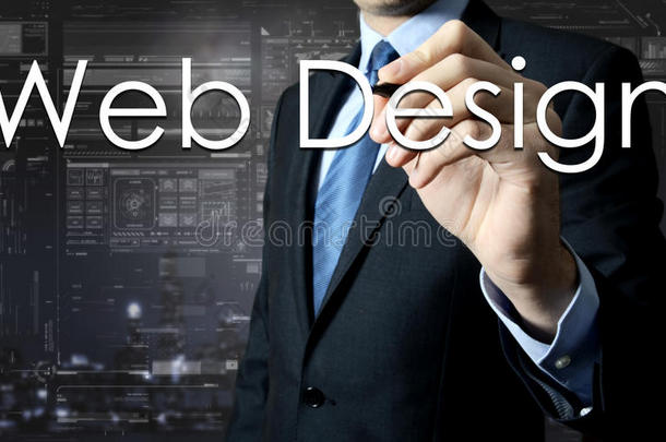 商人在虚拟屏幕上写网页设计-商业概念