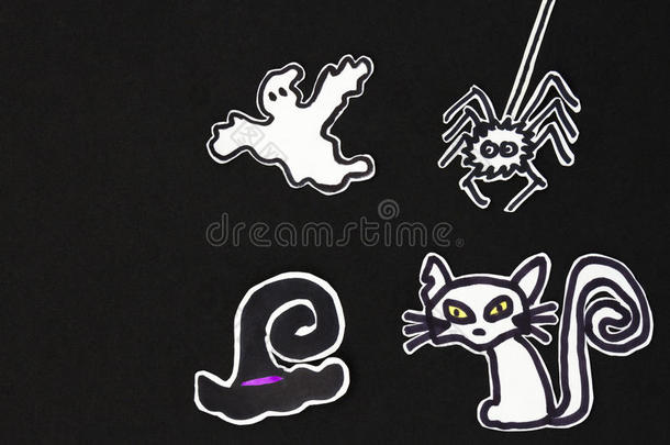 万圣节装饰猫，女巫帽子，鬼魂和蜘蛛