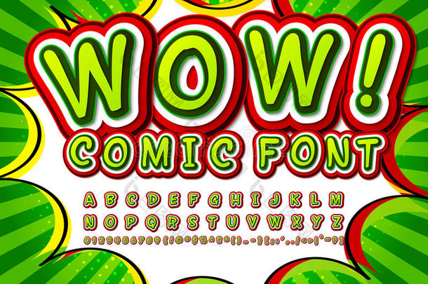 绿色高细节漫画字体，字母表。 漫画，流行艺术
