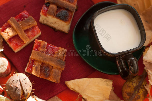 一杯牛奶咖啡，几块自制的馅饼，上面有果酱、栗子和干燥的秋叶