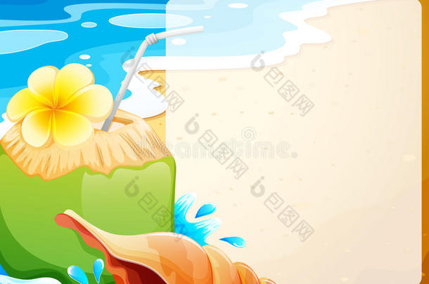 空白边框与椰子汁在海滩背景