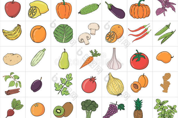 手绘涂鸦水果和蔬菜的名字。