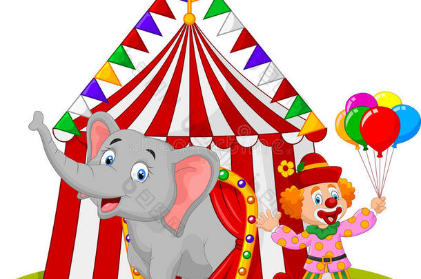 卡通可爱的大象和小丑与马戏团帐篷