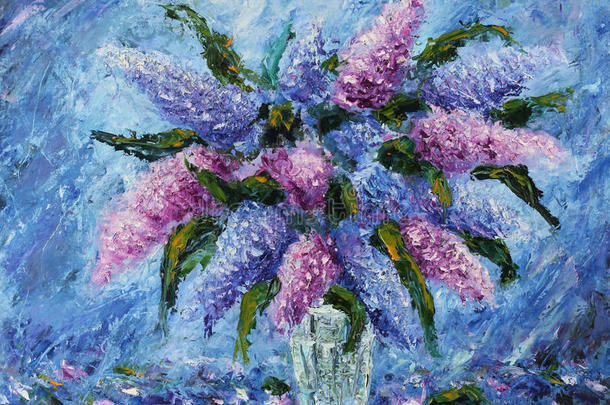 花瓶里一束紫丁香，静物，油画