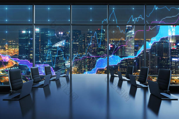 一间会议室，配备现代笔记本电脑，在现代全景办公室，纽约晚间景色。 绘制了财务图表