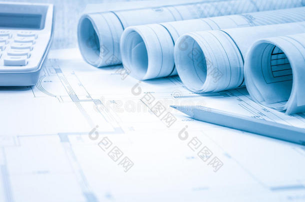 施工图滑动卡尺滚子轴承的蓝图结构和建筑概念。