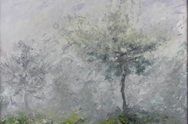 薄雾中的抽象树木，油画