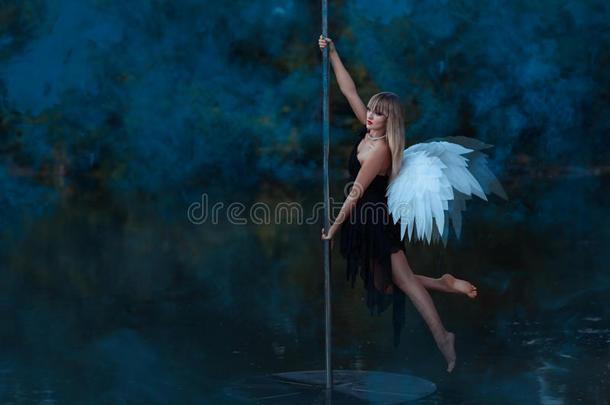 有天使翅膀的女孩在<strong>钢管</strong>舞上盘旋。