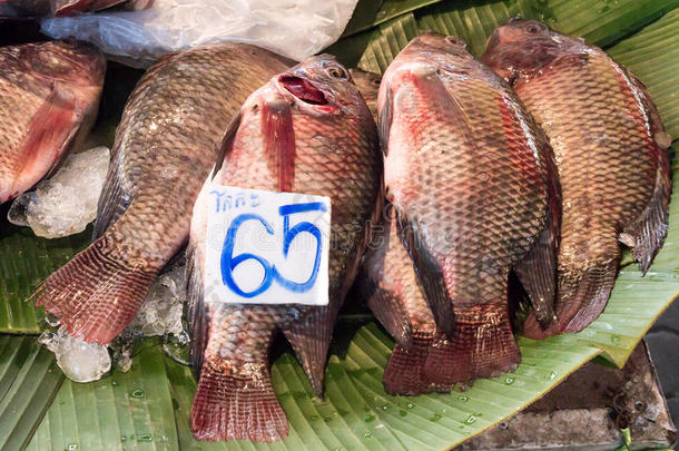 泰国鱼市场上的新鲜罗非鱼。