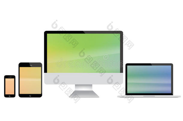 电脑，笔记本电脑，平板电脑和智能手机插图与彩色显示器